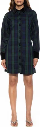 Alexia Admor Velvet Trim Long Sleeve Shirtdress in Green Plaid at Nordstrom, Size 12