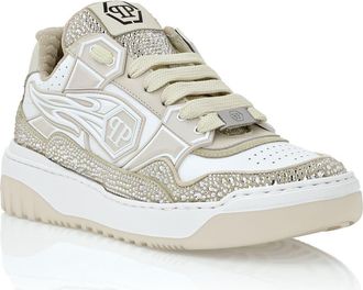 Philipp Plein Mix Leather Lo-Top Sneakers Strass Hexagon Rhinestone Women in Whitebeige at Nordstrom, Size 41