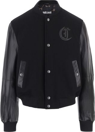 Just Cavalli Varsity-Style Black Wool Jacket with Leather Sleeves and Logo Detail