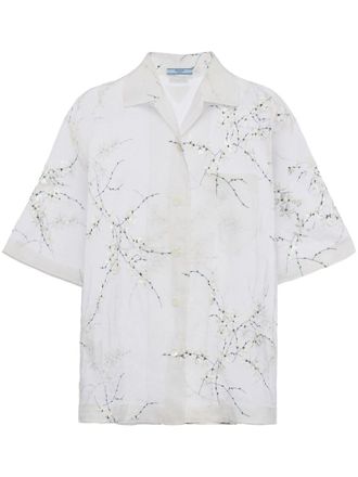 Prada Floral Embroidered Short Sleeved Sheer Shirt