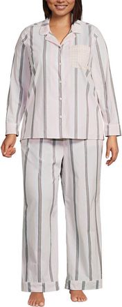 Lands End Plus Size Cotton Poplin 2 Piece Pajama Set - Long Sleeve Top and Pants in Sea Salt Pink/coffee Stripe at Nordstrom, Size 3X