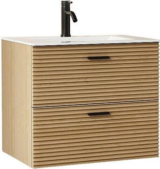 Vente-Unique Mueble de ba&ntilde;o suspendido estriado con lavabo encastrado y grifo - 2 cajones - Natural claro - 60 cm - SARONE