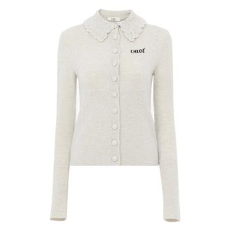 Chlo&eacute; Cardigans, female, Gray, Size: M Fitted Logo Cardigan in a Wool Knit