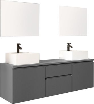 Vente-Unique Mueble de ba&ntilde;o suspendido con doble lavabo y espejos - Gris - 150 cm - JIMENA II