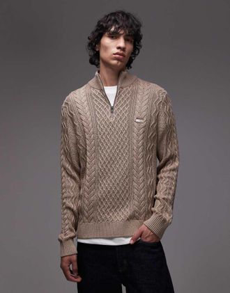 Tommy Jeans Maglione slim fit lavorato a trecce color talpa con zip corta-Neutro