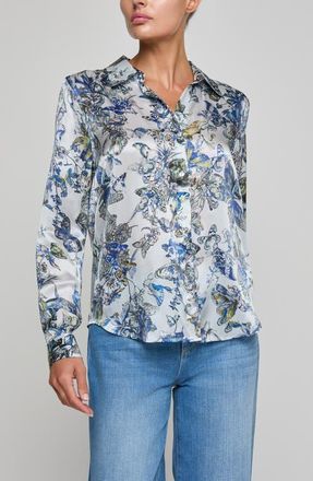 L'agence Tyler Butterfly Print Silk Button-Up Shirt in Multi Blue at Nordstrom, Size Xx-Large