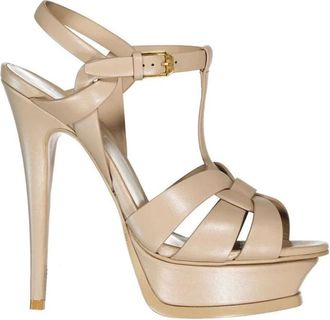 Saint Laurent High Heel Sandals, female, Beige, Size: 10 1/2 US Calfskin Platform Sandals
