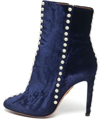 Aquazzura Follie pearls velvet ankle boots - Blue