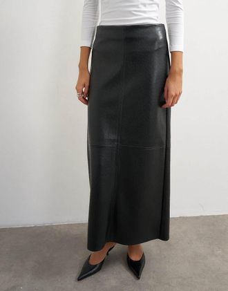 Topshop gonna lunga a colonna in pelle sintetica effetto struzzo con impunture a vista nera-Nero