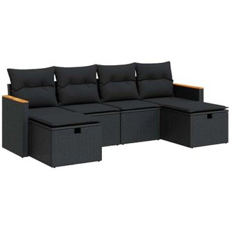 vidaXL Set De Sof&aacute;s De Jard&iacute;n 6 Piezas Y Cojines Rat&aacute;n Sint&eacute;tico Negro