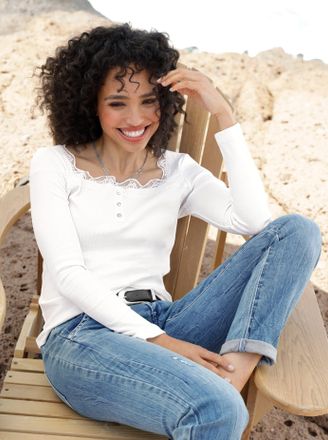 Heine Langarmshirt HEINE Shirt, Damen, Gr. 36, beige (ecru), 95% Baumwolle, 5% Elasthan, unifarben, eckiger Ausschnitt, Shirts Langarmshirt