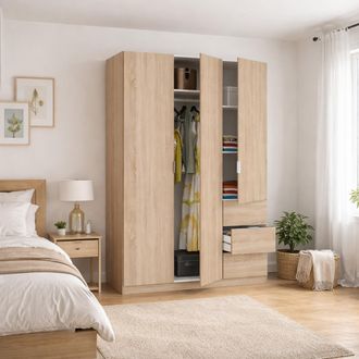 Dmora Dmora - Guardarropa Fullerton, Armario Dormitorio Con 3 Puertas Y 3 Cajones, Mueble Con 3 Baldas Y Barra Perchero, Cm 135x52h200, Roble, Con Embalaje 