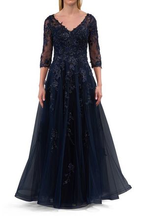 La Femme A-line Tulle Mother of the Bride Dress with Gorgeous Beaded Lace in Navy at Nordstrom, Size 16