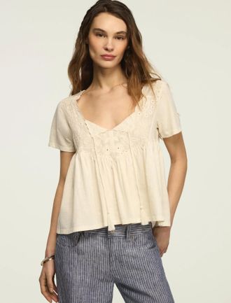 Lucky Brand Womens Embroidered Yoke Tassle Top
