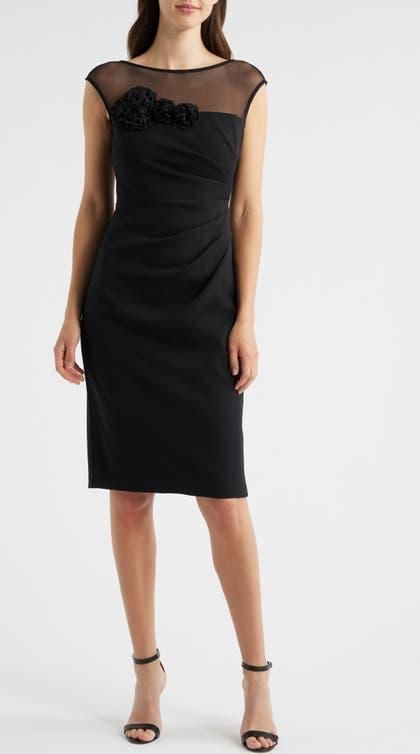 Eliza J Rosette Detail Mesh & Scuba Crepe Cocktail Sheath Dress in