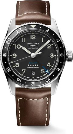 Longines Spirit Zulu Time GMT Automatic Leather Strap Watch, 39mm in Black at Nordstrom