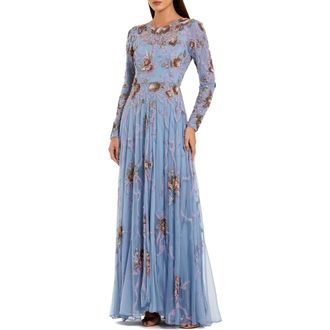 Mac Duggal Long Sleeve Embellished Floral A-Line Evening Gown in Slate Blue at Nordstrom, Size 12