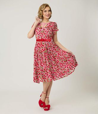 Unique Vintage Short Petal Sleeve Tie Neck Dahlia Swing Dress in Pink W/Cherries at Nordstrom, Size X-Small