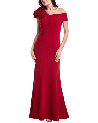 Teri Jon by Rickie Freeman Crepe Asymmetrical Flower & Feather Shoulder Gown