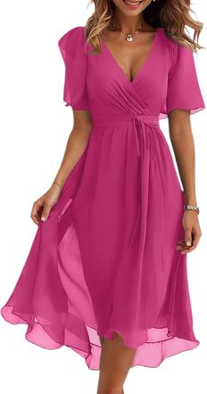 Generic Womens Floral Print A-Line Midi Dress Summer Short Sleeve Resort Wear Tie Waist V-Neck Elegant Cocktail Dresses Hot Pink