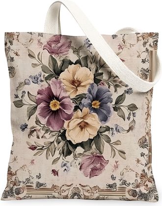 Generic Spring Aesthetic Pansy Canvas Tote Bag for Shopping 13x15, Vintage Retro Floral Reusable Grocery Print Bag for Women Men, Abstract Flower Aesthetic Pa