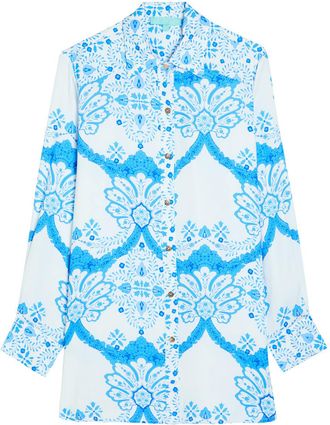Melissa Odabash Paige Printed Woven Cover-up Shirt - Blue And White - XL (UK16 / XL)