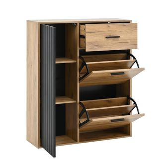 STILVORA Mueble Zapatero Con 1 Caj&oacute;n, 3 Puertas Con 2 Abatibles, Estantes Ajustables, Estilo Moderno, En Tablero De Part&iacute;culas, Negro Y Natural, 80&times;24&times;95,5 Cm