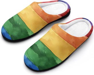 Generic Watercolor LGBT Rainbow Flag Mens House Slippers Memory Foam Washable Cotton Slip on Home Shoes