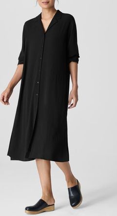 Eileen Fisher Notch Collar Long Sleeve Silk Shirtdress in Black at Nordstrom, Size X-Large