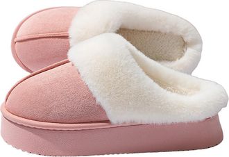 Generic Womens Fuzzy Platform Scuff Slippers, Non-Slip Slip-On Winter Suede House Shoes, Warm Plush Fur Lined Memory Foam Indoor Outdoor Comfy Slippers,Pink,3