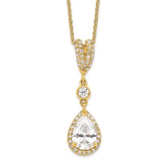 Diamond2Deal Sterling Silver Gold-plated Cubic Zirconia Teardrop and Bezel Halo Necklace 18