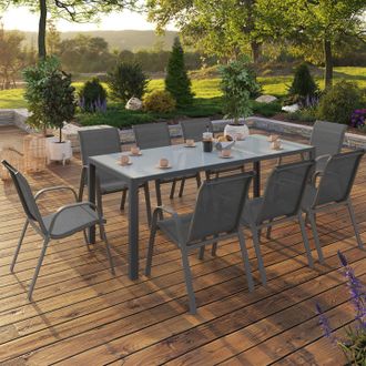 IDMarket Conjunto De Muebles De Jard&iacute;n Madrid Mesa De 190 Cm Y 8 Sillas Apilables, Gris Antracita, Tablero Claro
