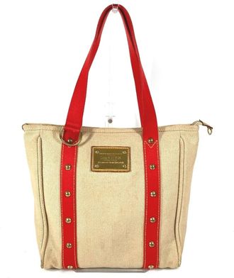 Louis Vuitton Beige Red Color Canvas Leather Shoulder Bag Tote Bag (Pre-Owned)