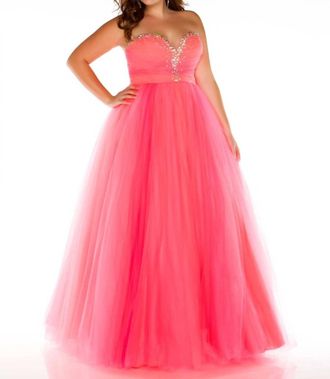 Mac Duggal Tulle Strapless Gown In Neon Coral