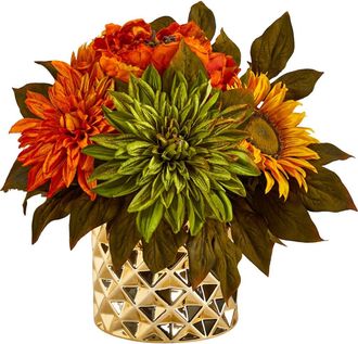 Nearly Natural 11-in Peony, Dahlia and Sunflower Artificial Arrangement in Gold Vase in Orange/yellow/Green at Nordstrom