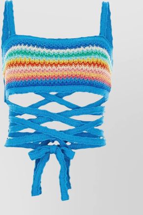 Alanui crochet striped fringe square neck top