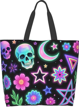 Generic Neon Flower Skull5 Shoulder Bag Reusable Handbag Lightweight Shoulder Bags For Camping Travel Beach