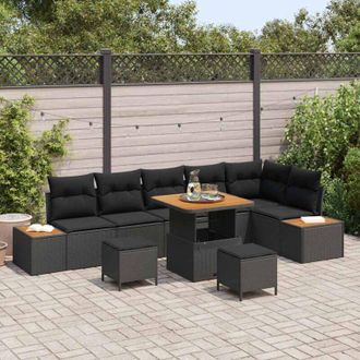 vidaXL Vidaxl - Conjunto De Sof&aacute; De Jard&iacute;n Con Coj&iacute;n 9 Pcs Negro Polirat&aacute;n