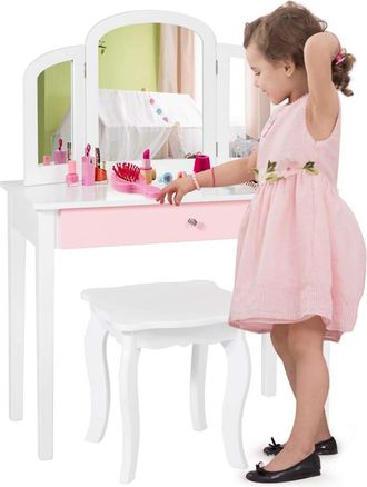 Costway Costway - Set Tocador Infantil Con Espejo Tripartido Y Caj&oacute;n Grande, Escritorio Desmontable 2 En 1 Con Mesa Taburete (blanco)