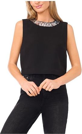 CeCe by Cynthia Steffe Sleeveless Sequin Paillette Trim Top Womens Clothing Rich Black : XL, Polyester