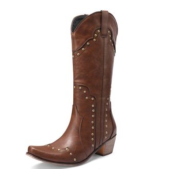 Generic Womens Western Cowboy Boots Mid-Calf PU Leather Denim Material Metal Stud Detail Pointed Toe Low Block Heels Stylish Comfortable Non-Slip Durable Desi