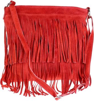 Girly HandBags Womens Large Genuine Suede Fringe Shoulder Bag Crossbody Slouch Elegant - Red