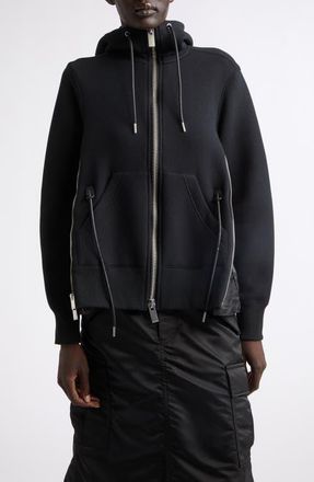 sacai Mixed Media Scuba Knit & Nylon Twill Hoodie in Black/black at Nordstrom, Size 3