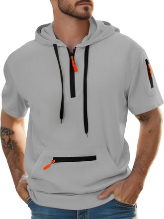 Generic Mens Hoodies 1/4 Zip Pullover Hoodie Zipped Pocket Fleece Drawstring Short Sleeve Tracksuit Tops Cuff Shirts Hooded Loose Fit Casual Classic Fashion W