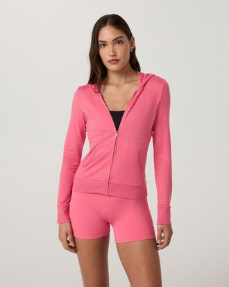 Vuori Clothing Halo Mini Full Zip Hoodie - Long | Sunset Pink Heather | XS, Size Extra Small