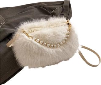 Generic Womens Plush Bags Candy Color Pearl Handle Womens Plush Crossbody Bag Portable Female Furry Handbags Winter Casual Ladies Shoulder Bags(White)