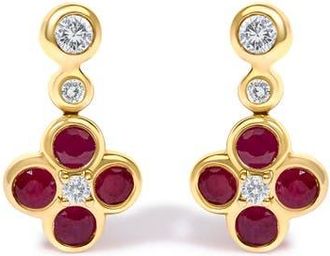 House of Brilliance 14K Yellow Gold 1/10 Cttw Diamond and Ruby Floral Dangle Earrings at Nordstrom