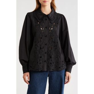 Farm Rio Embroidered Eyelet Puff Sleeve Button-Up Shirt in Black at Nordstrom Rack, Size Xx-Small
