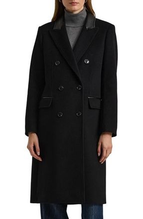 Lauren Ralph Lauren Faux Leather Trim Double Breasted Wool Blend Reefer Coat in Black at Nordstrom, Size 10