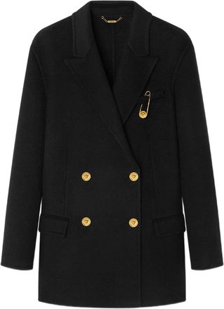 Versace Double-Breasted Black Coat with Gold-Tone Accents